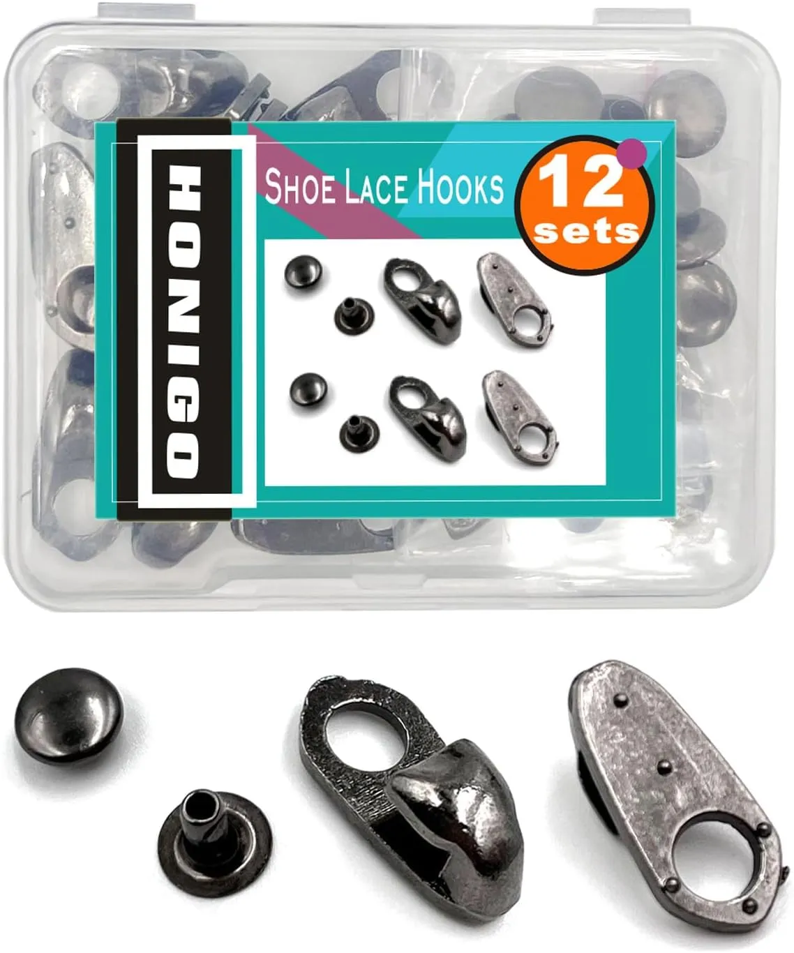 honigo 12 Sets Shoe Lace Hooks Gun Alloy Shoelace Buckles Boot Hooks with Rivets for Repair/Camp/Hike/Climb Accessories Black