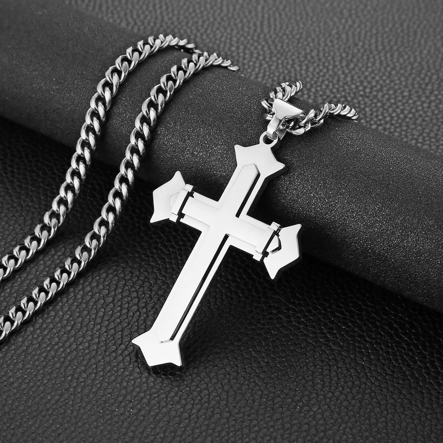 HZMAN Large Cross Necklace for Men High Polished Stainless Steel Heavy Oversize Cross Pendant Christian Faith Jewelry Gift 7mm Cuban Chain