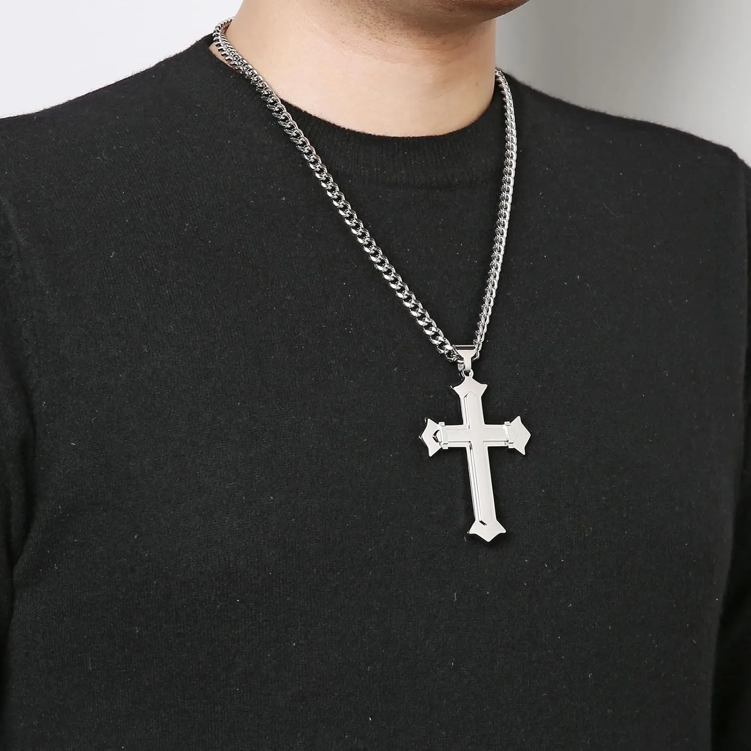 HZMAN Large Cross Necklace for Men High Polished Stainless Steel Heavy Oversize Cross Pendant Christian Faith Jewelry Gift 7mm Cuban Chain