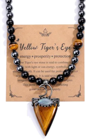 Jovivi Mens Stone Beaded Necklace Natural Tiger Eye Obsidian Hematite Healing Crystal Necklace Triangle Pendulum Pendant Crystal w/Moon