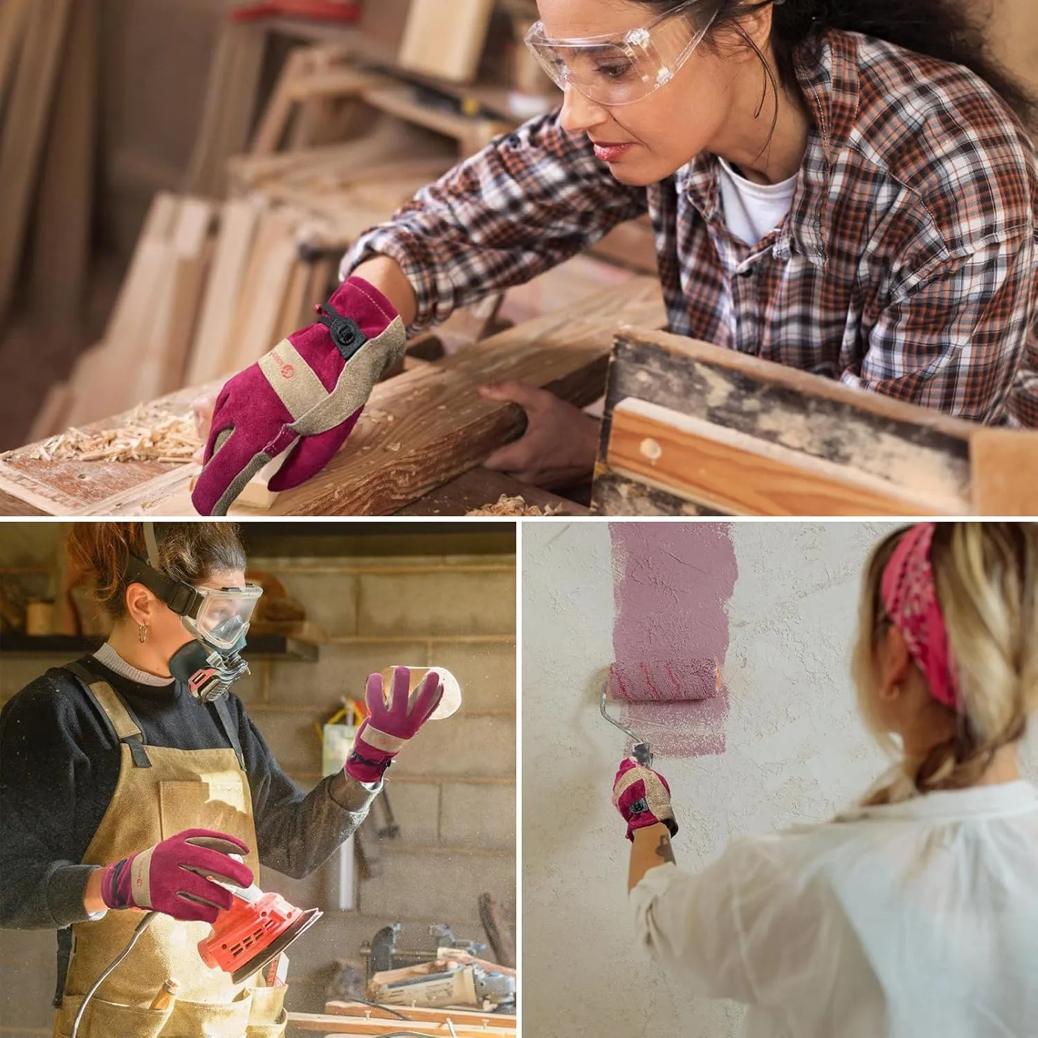 Leather Work Gloves for Women with Cotton Lining, Thorn Proof Gardening Gloves for TIG/MIG Welding, Construction (Rose Red, Small)