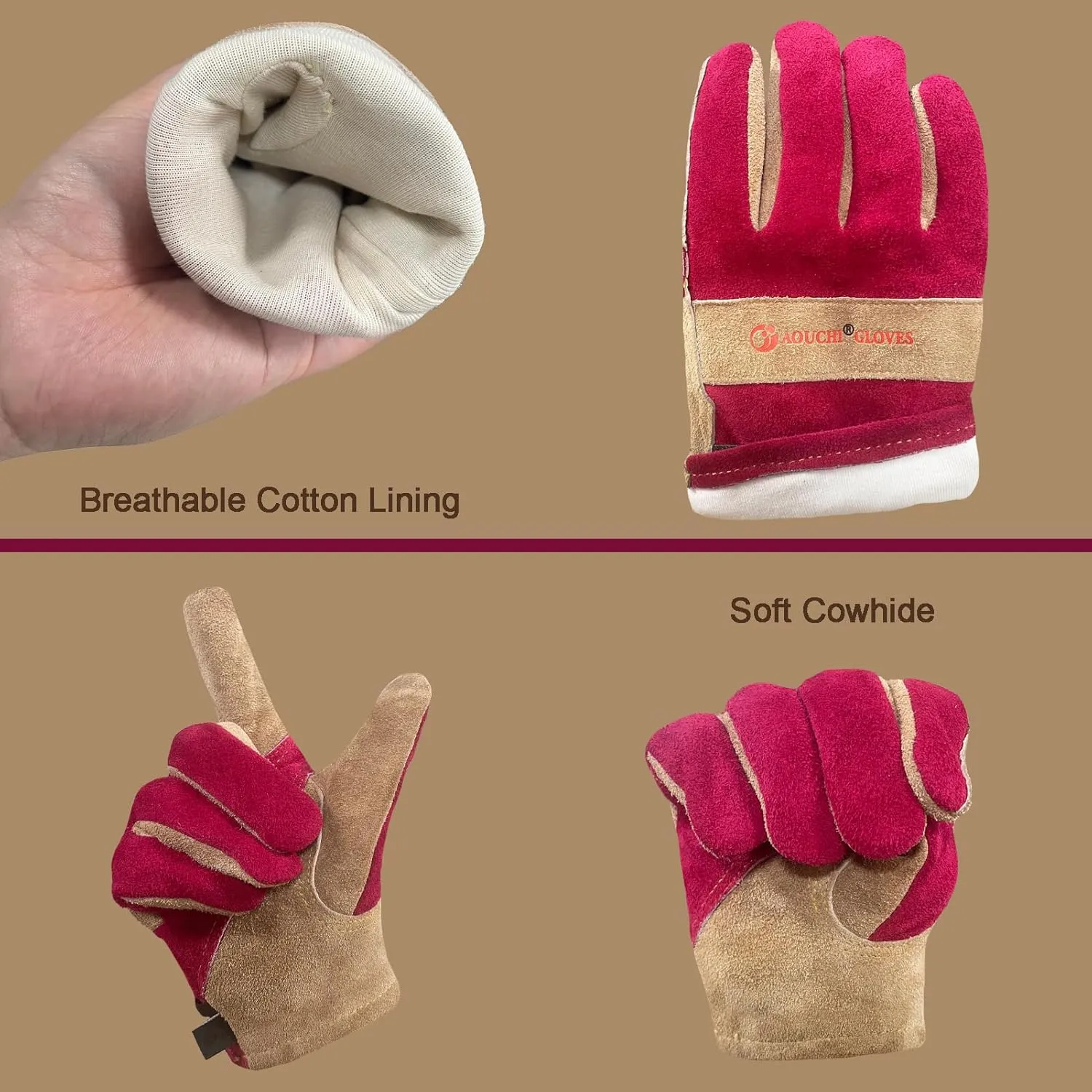 Leather Work Gloves for Women with Cotton Lining, Thorn Proof Gardening Gloves for TIG/MIG Welding, Construction (Rose Red, Small)