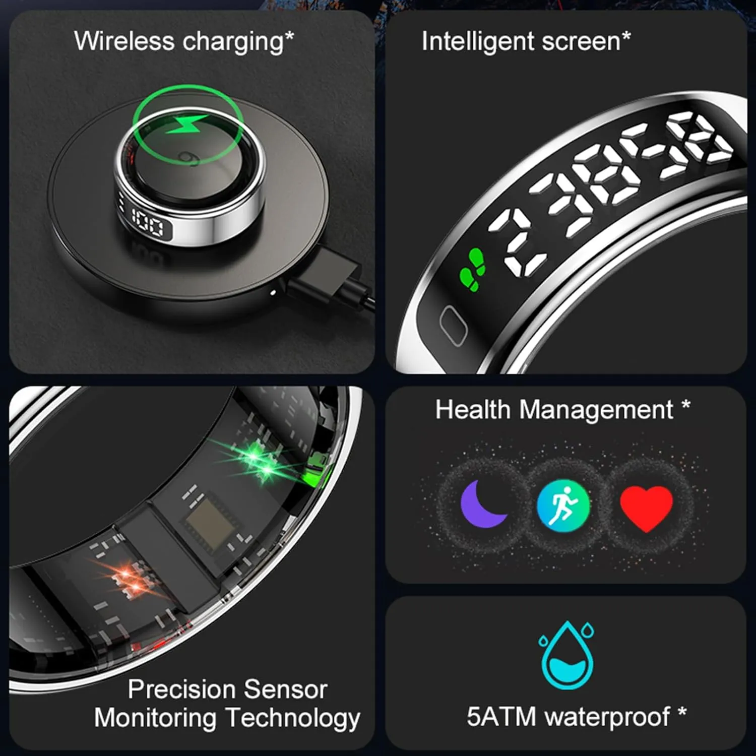 LED Smart Ring Health Tracker, Wireless Charging Ring, Health Rings for Men & Women, Waterproof Fitness Tracker (Silver, 8#)
