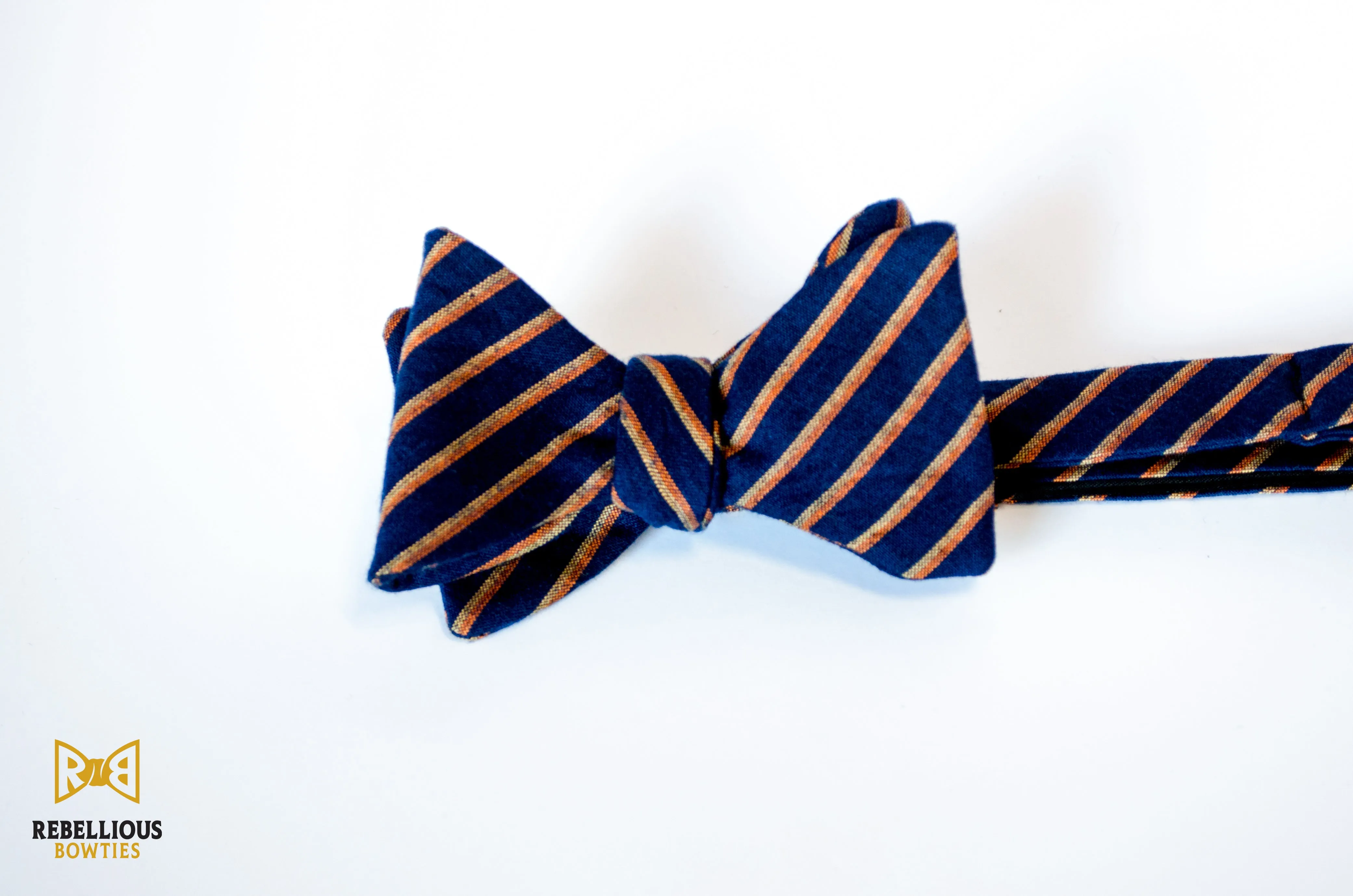 Navy with Gold and Orange Stripes Linen Bow Tie Butterfly