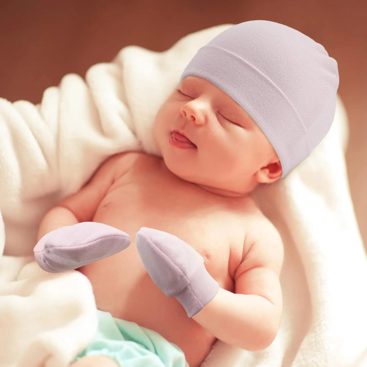 Newborn Baby Hats and Mittens Set Infant Beanie Cap Toddler Gloves Newborn Hospital Hats for Baby Boy Girl Kid 0-6 Months