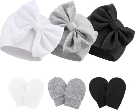 Newborn Baby Hats and Mittens Set Infant Bow Beanie Cap Toddler Gloves Newborn Hospital Hats for Baby Boy Girl 0-12 Months