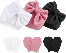 Newborn Baby Hats and Mittens Set Infant Bow Beanie Cap Toddler Gloves Newborn Hospital Hats for Baby Boy Girl 0-12 Months