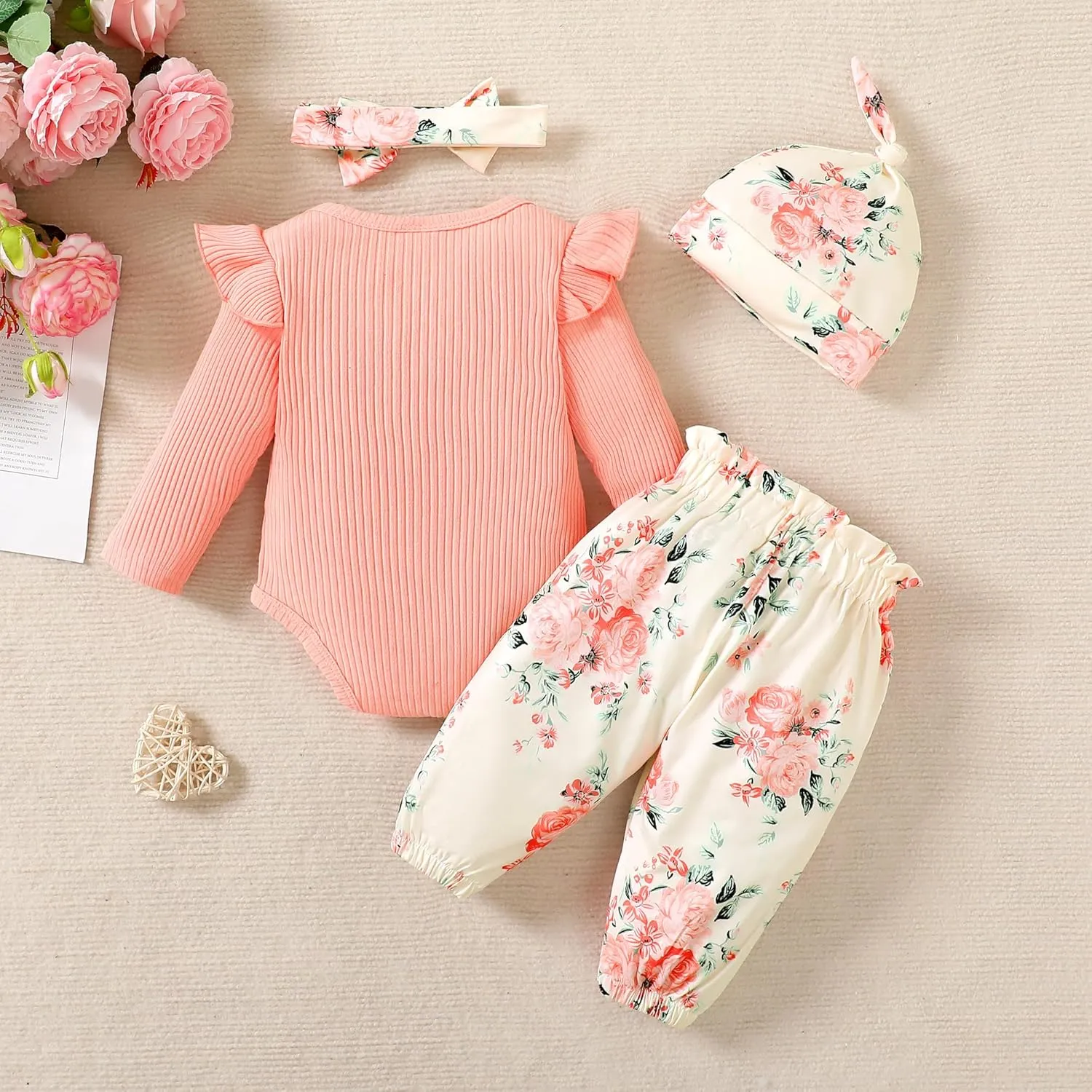 Newborn Infant Baby Girl Clothes Outfits Rib Romper Floral Pants with Headband Winter Clothing Set
