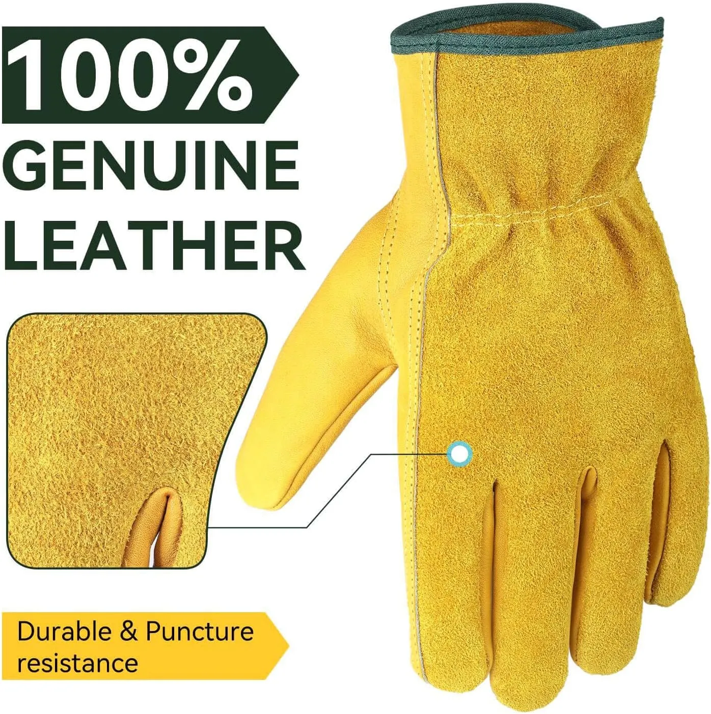 OZERO Leather Work Gloves Flex Grip Tough Cowhide Gardening Glove for Wood Cutting/Construction/Truck Driving/Garden/Yard Working for Men and Women 1 Pair (Gold,Medium)