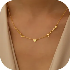 Personalized Name Necklace with Curb Chain, 18K Gold Plated Handmade Custom Family Choker Customized Child Nameplate Necklace Mother's Day Jewelry Gift for Mom, Wife (2 Names Necklace with Heart)