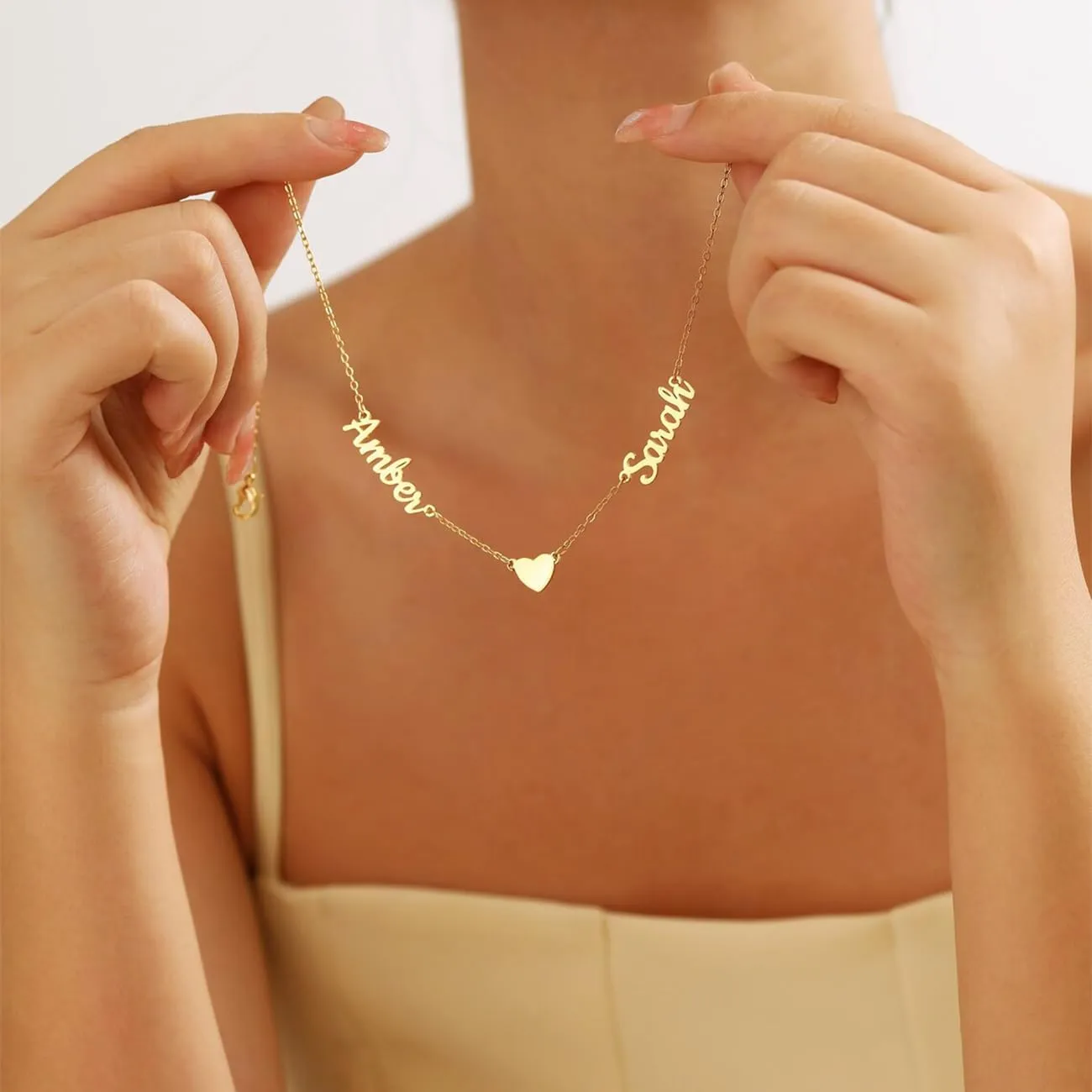Personalized Name Necklace with Curb Chain, 18K Gold Plated Handmade Custom Family Choker Customized Child Nameplate Necklace Mother's Day Jewelry Gift for Mom, Wife (2 Names Necklace with Heart)