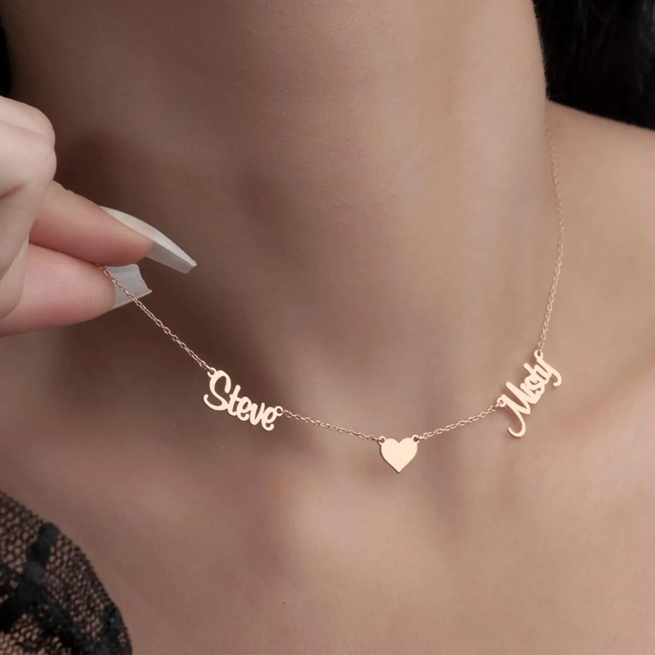 Personalized Name Necklace with Curb Chain, 18K Gold Plated Handmade Custom Family Choker Customized Child Nameplate Necklace Mother's Day Jewelry Gift for Mom, Wife (2 Names Necklace with Heart)