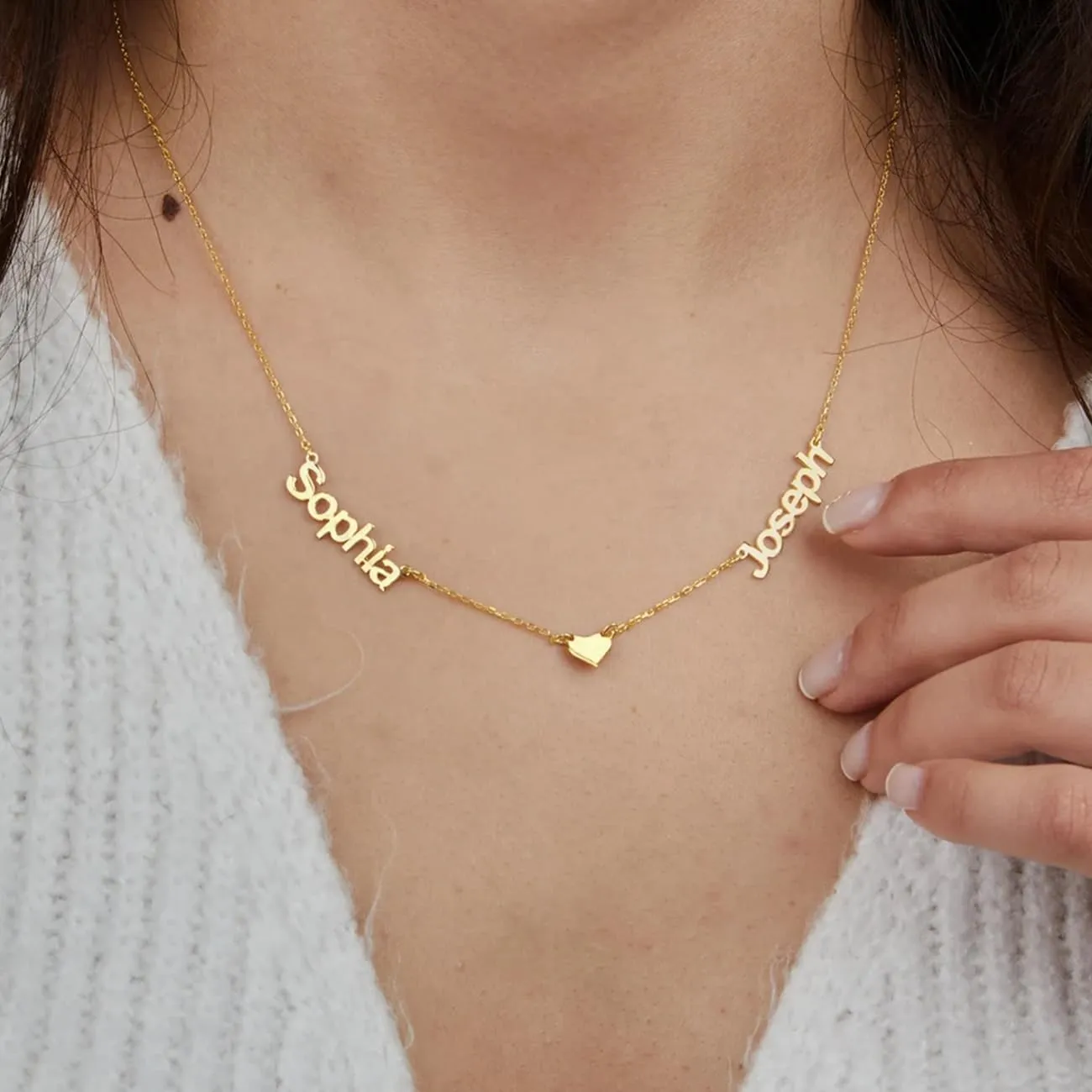 Personalized Name Necklace with Curb Chain, 18K Gold Plated Handmade Custom Family Choker Customized Child Nameplate Necklace Mother's Day Jewelry Gift for Mom, Wife (2 Names Necklace with Heart)