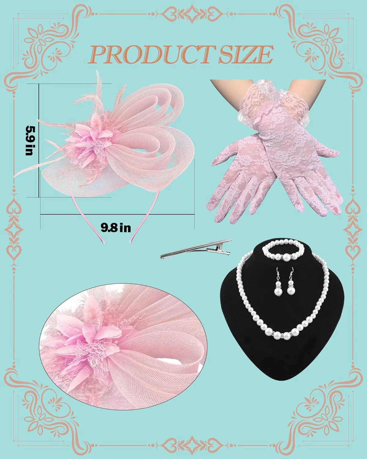 Pink Bunny Fascinator and Lace Gloves Set for Women,Feather Floral Hairpiece with Veil Mesh, Tea Party, Spring Cocktail, First Communion Accessories