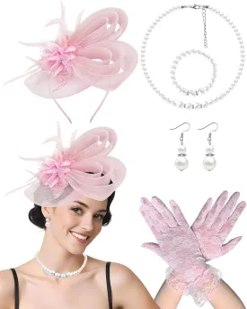 Pink Bunny Fascinator and Lace Gloves Set for Women,Feather Floral Hairpiece with Veil Mesh, Tea Party, Spring Cocktail, First Communion Accessories