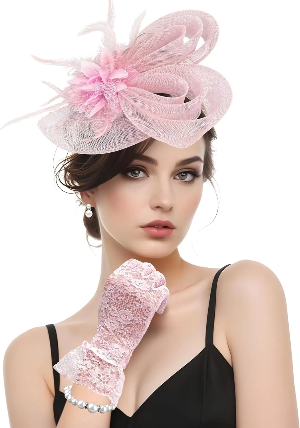 Pink Bunny Fascinator and Lace Gloves Set for Women,Feather Floral Hairpiece with Veil Mesh, Tea Party, Spring Cocktail, First Communion Accessories