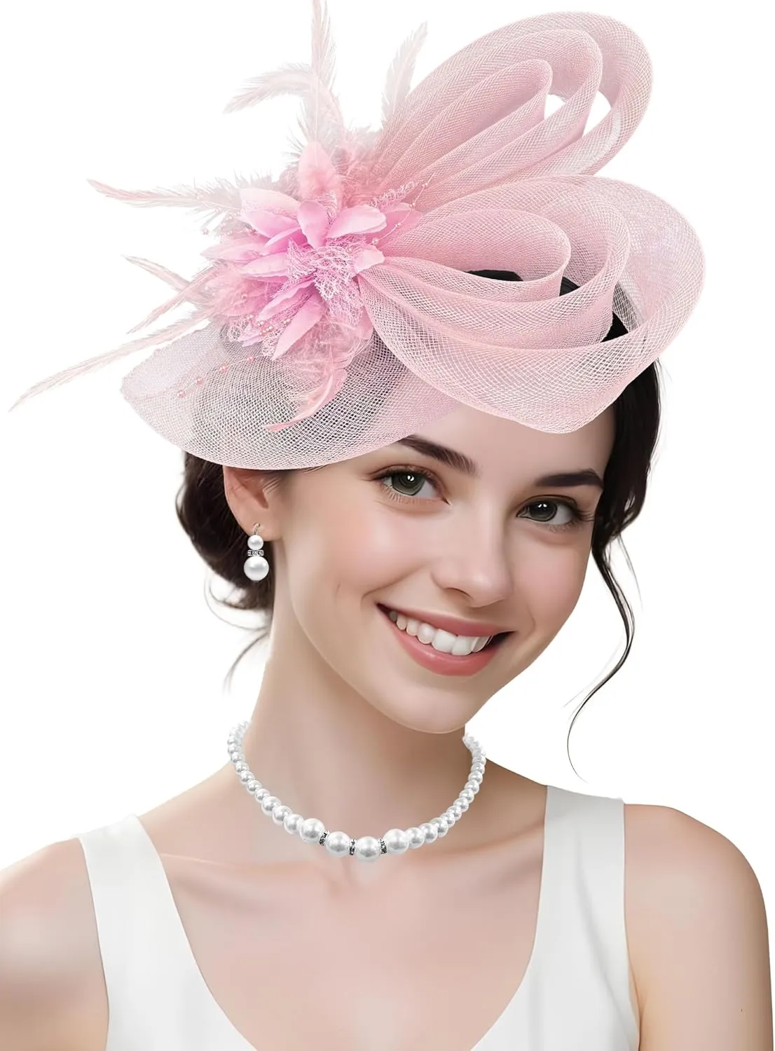 Pink Bunny Fascinator and Lace Gloves Set for Women,Feather Floral Hairpiece with Veil Mesh, Tea Party, Spring Cocktail, First Communion Accessories