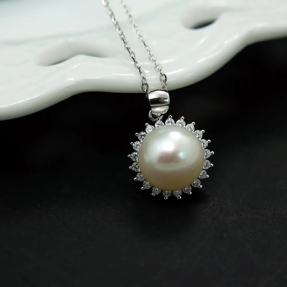 "Sunshine" Sterling Silver 8.5-9mm White Freshwater Cultured Pearl Earrings Studs AAA Zirconia Earrings Gift for Women