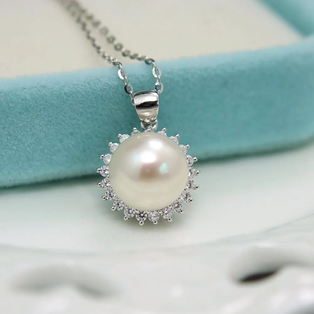"Sunshine" Sterling Silver 8.5-9mm White Freshwater Cultured Pearl Earrings Studs AAA Zirconia Earrings Gift for Women