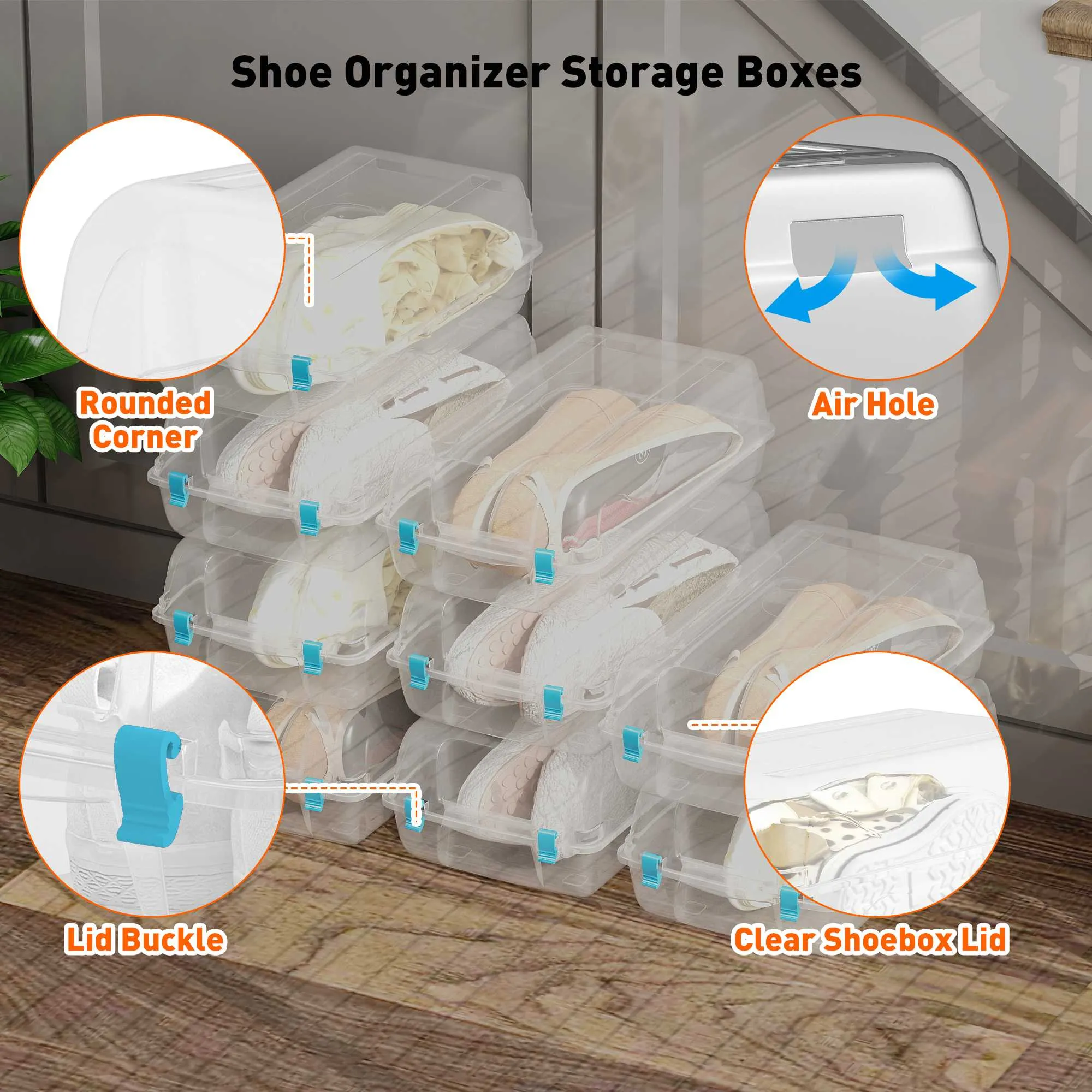 Set of 4 Shoe Storage Box Clear Plastic Stackable Shoe Organizer with Lids, Blue
