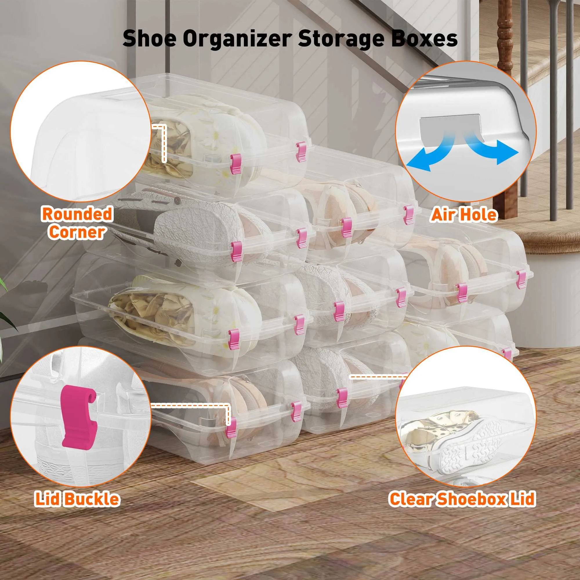 Set of 4 Shoe Storage Box Clear Plastic Stackable Shoe Organizer with Lids, Pink