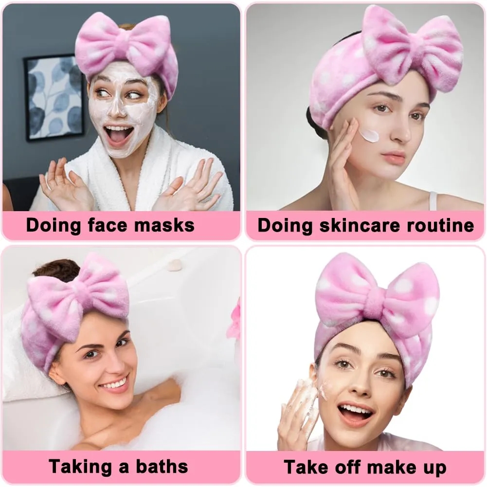 Shintop Women Fashion Lovely Soft Carol Fleece Bowknot Bow Makeup Cosmetic Shower Elastic Hair Band Hairlace Headband (Pink Polka dots)