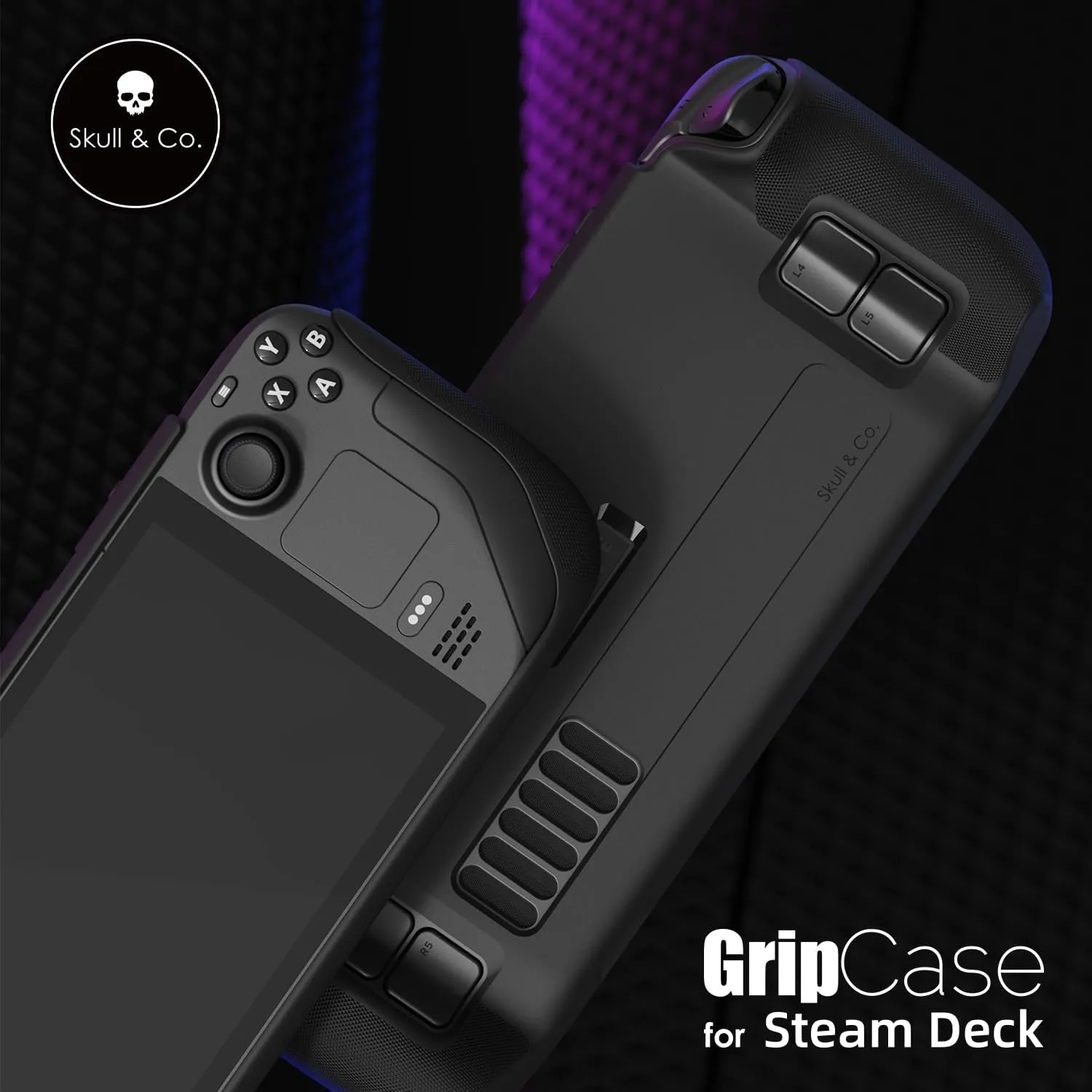 Skull & Co. GripCase Bundle for Steam Deck: Soft Protective Case with Textured Grips Full Protection and Stand, Non-Slip and Anti-Scratch Cover Design [with Slim Carrying Case] - Black