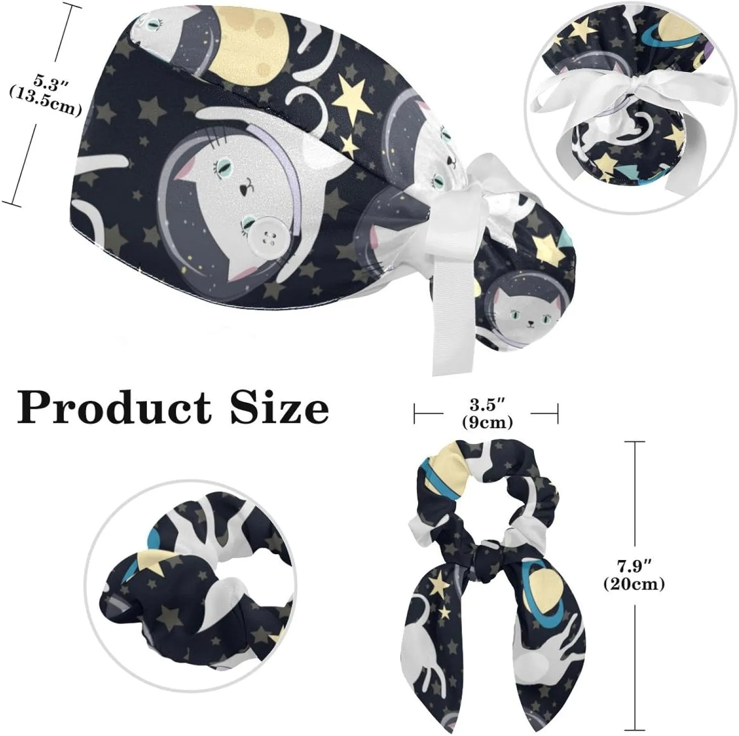 Space Cats Cute Scrub Caps Surgical Women with Button Adjustable Hats Surgical Caps with Scrunchie for Women