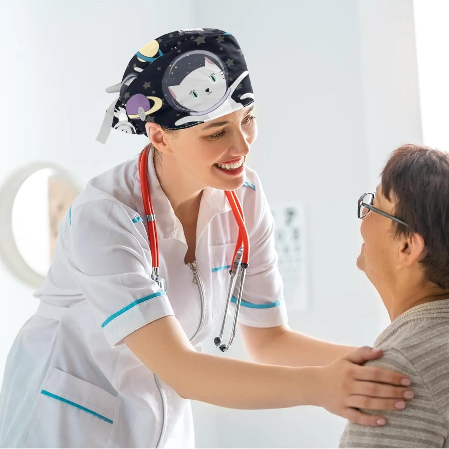 Space Cats Cute Scrub Caps Surgical Women with Button Adjustable Hats Surgical Caps with Scrunchie for Women