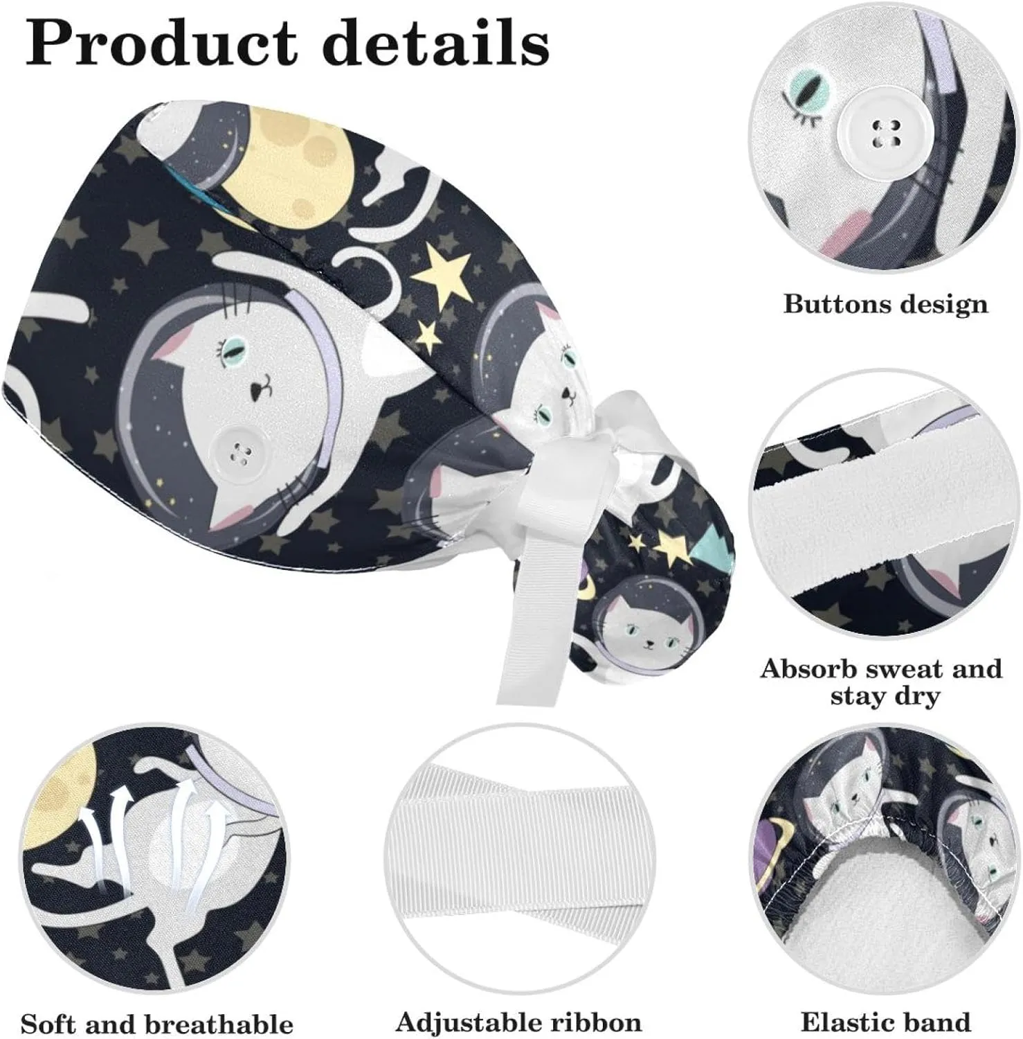 Space Cats Cute Scrub Caps Surgical Women with Button Adjustable Hats Surgical Caps with Scrunchie for Women