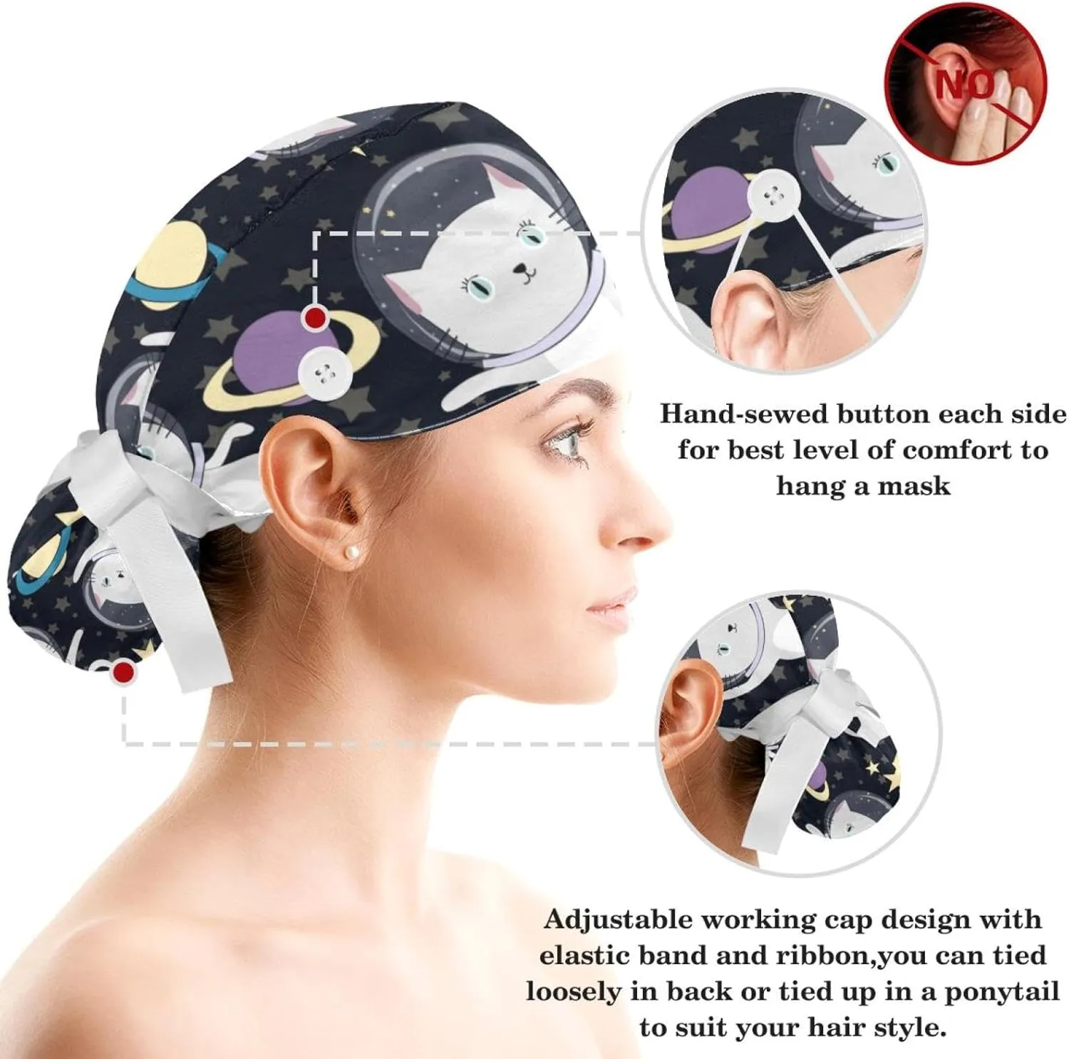 Space Cats Cute Scrub Caps Surgical Women with Button Adjustable Hats Surgical Caps with Scrunchie for Women