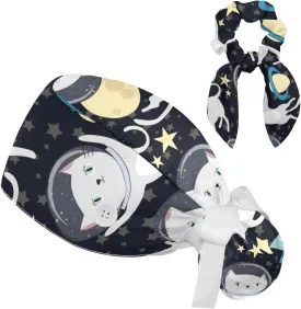 Space Cats Cute Scrub Caps Surgical Women with Button Adjustable Hats Surgical Caps with Scrunchie for Women