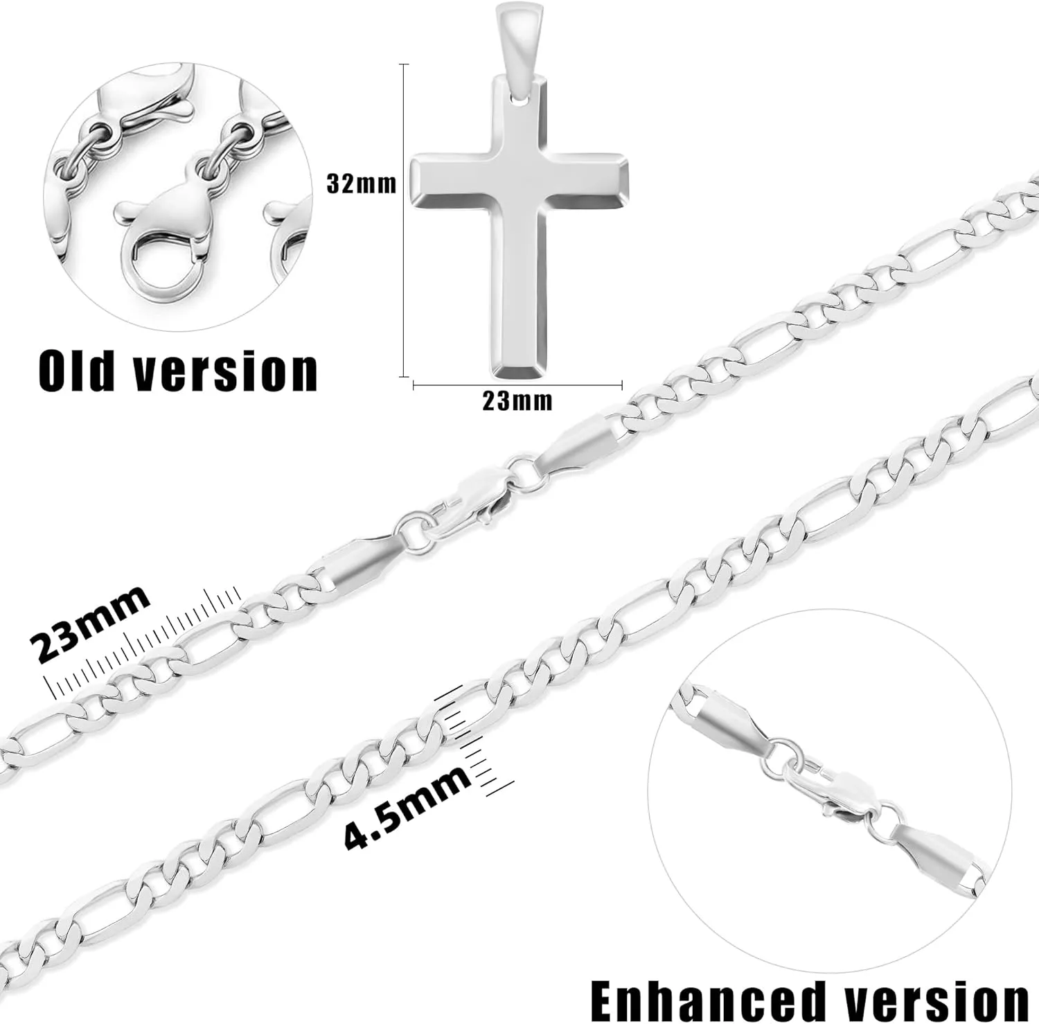 Stainless Steel Men's Cross Necklace - 18K Whited Gold/Gold/Black Plated Figaro Chain Cross Necklace for Men Religious Catholic Christian Jewelry Gift for Dad Husband