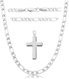 Stainless Steel Men's Cross Necklace - 18K Whited Gold/Gold/Black Plated Figaro Chain Cross Necklace for Men Religious Catholic Christian Jewelry Gift for Dad Husband