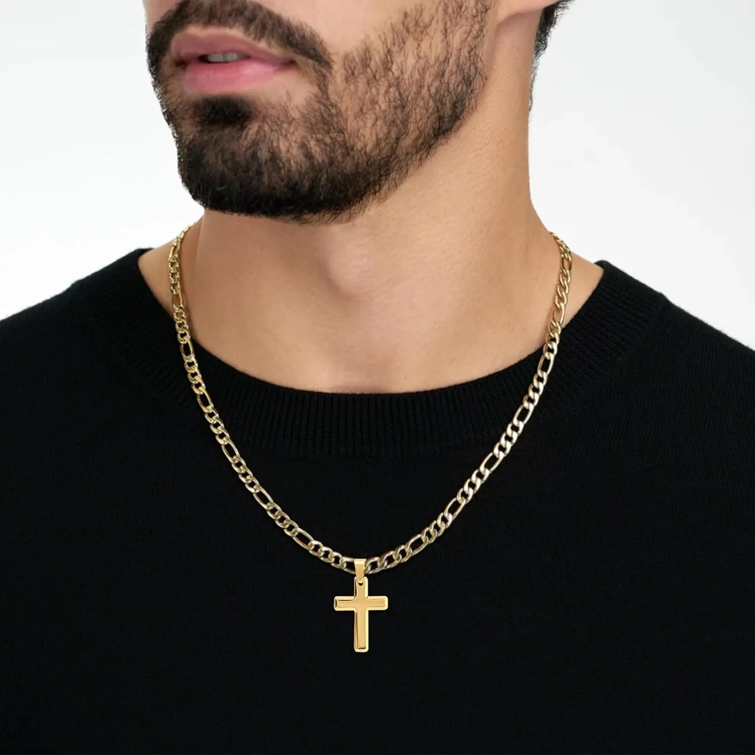 Stainless Steel Men's Cross Necklace - 18K Whited Gold/Gold/Black Plated Figaro Chain Cross Necklace for Men Religious Catholic Christian Jewelry Gift for Dad Husband