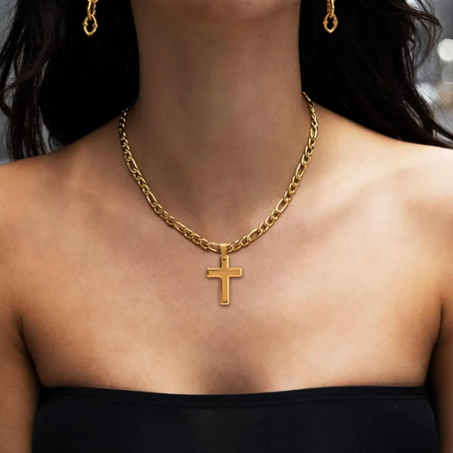 Stainless Steel Men's Cross Necklace - 18K Whited Gold/Gold/Black Plated Figaro Chain Cross Necklace for Men Religious Catholic Christian Jewelry Gift for Dad Husband