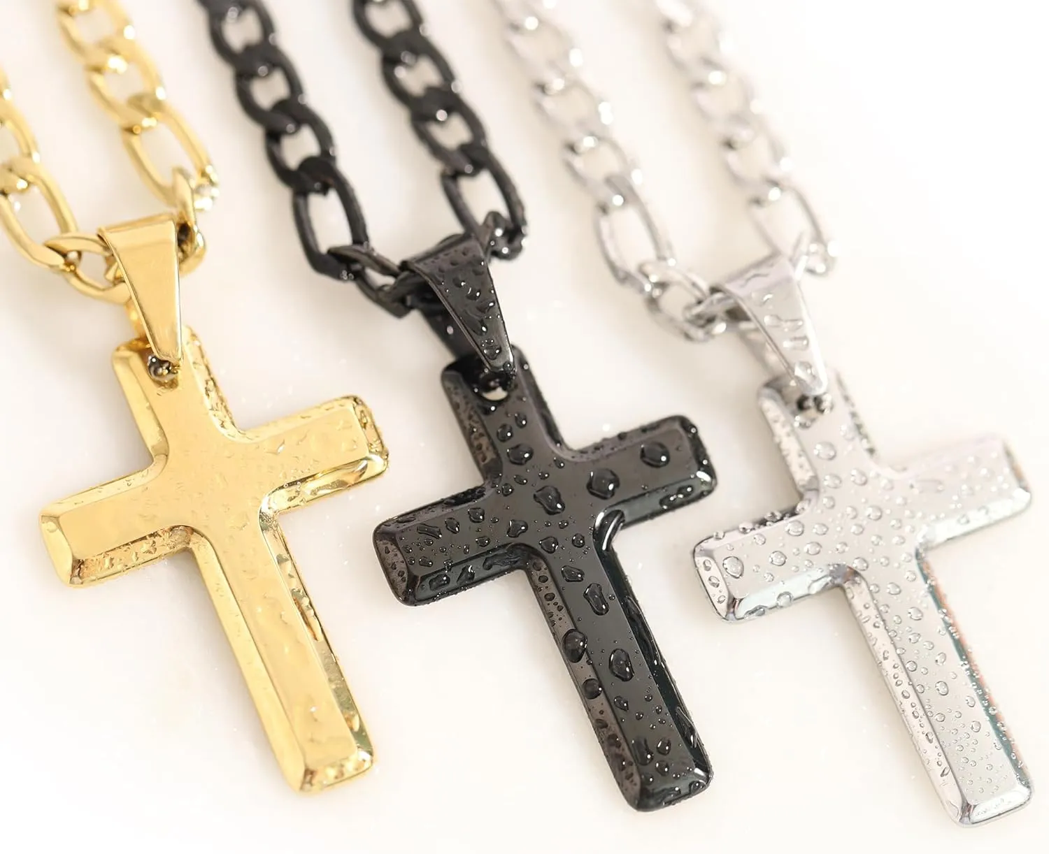 Stainless Steel Men's Cross Necklace - 18K Whited Gold/Gold/Black Plated Figaro Chain Cross Necklace for Men Religious Catholic Christian Jewelry Gift for Dad Husband
