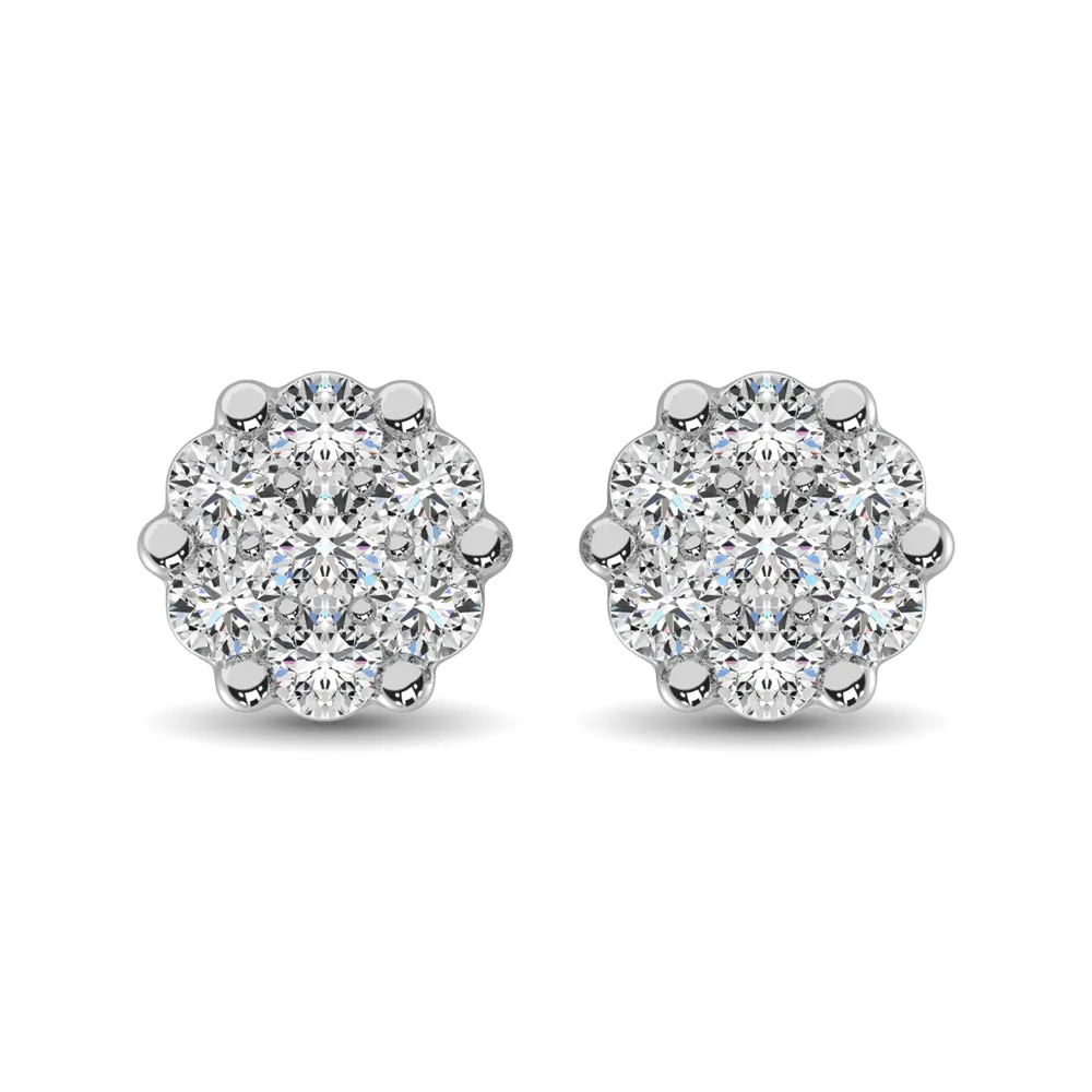 Sterling Silver 1/10 Ct.Tw. Diamond Flower Studs Earrings