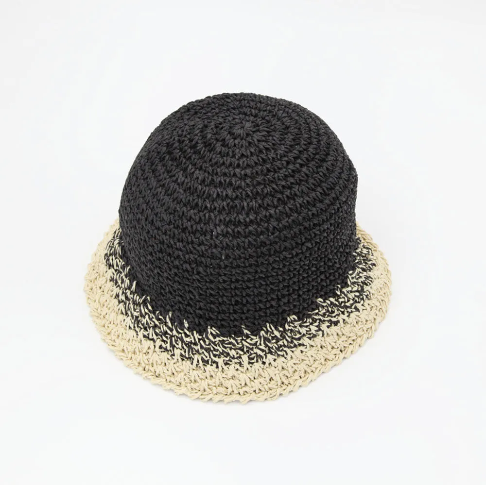 Straw Crochet Bucket Hat in Black & Natural