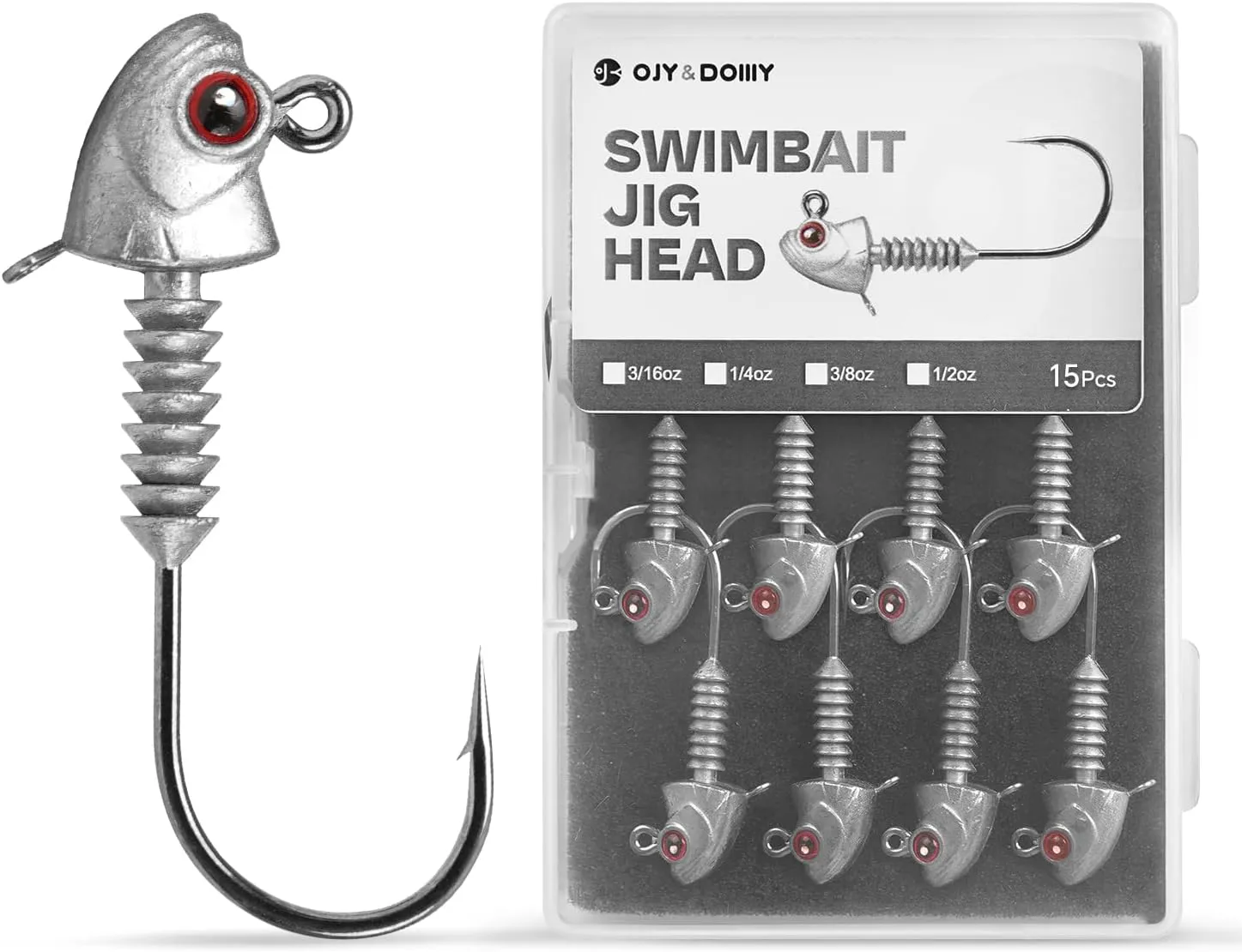 Swimbait Jig Heads with Stacked Cone Keeper, Minnow Style Eye Fishing Jighead 3/16 1/4 3/8 1/2oz (15 PCs)