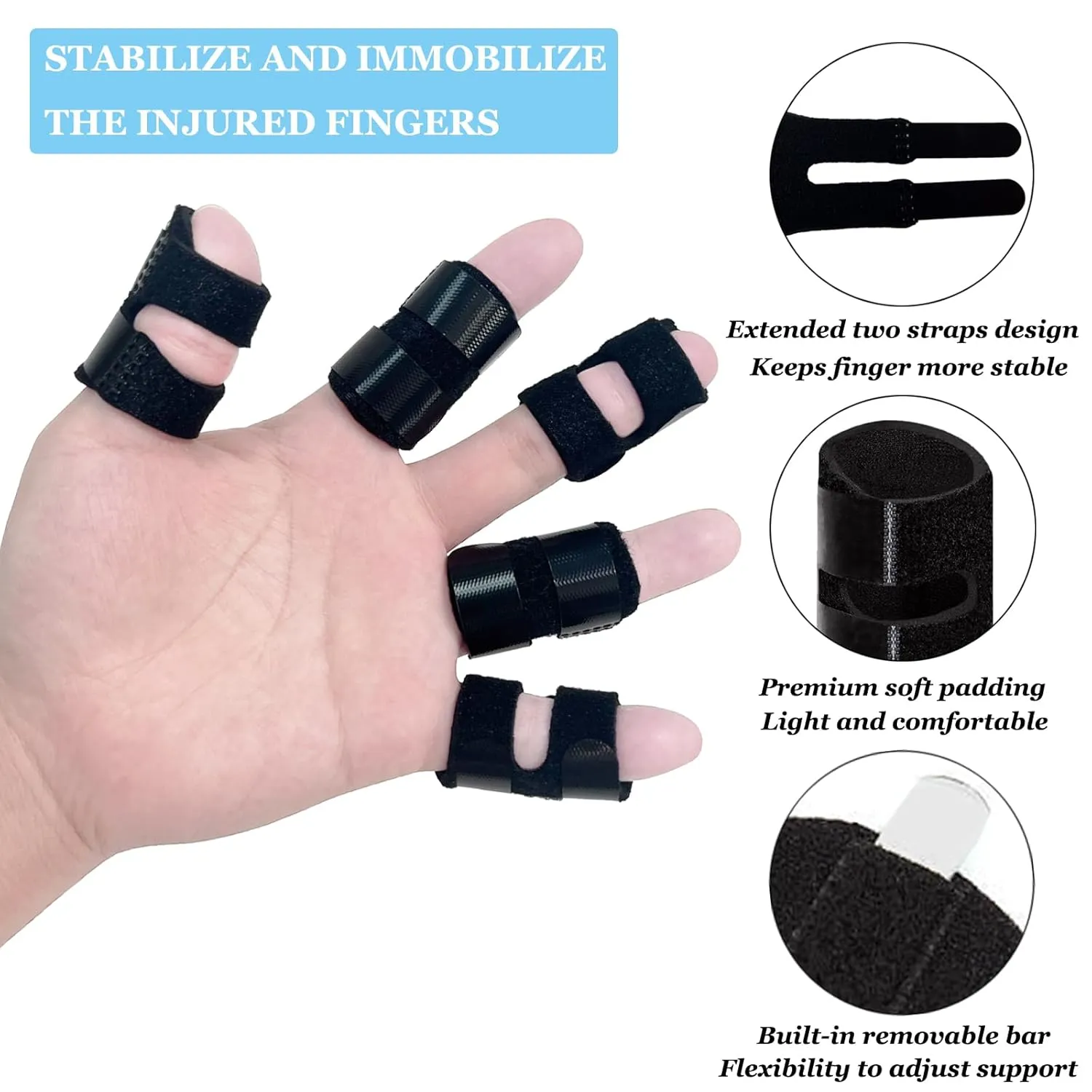 Thumb Finger Splints (5Pcs), Trigger Thumb Splint Finger Brace for Mallet Finger, Broken Finger, Straightening, Arthritis, Injury, Finger Stabilizer Support for Thumb/Middle/Ring/Index/Pinky Finger