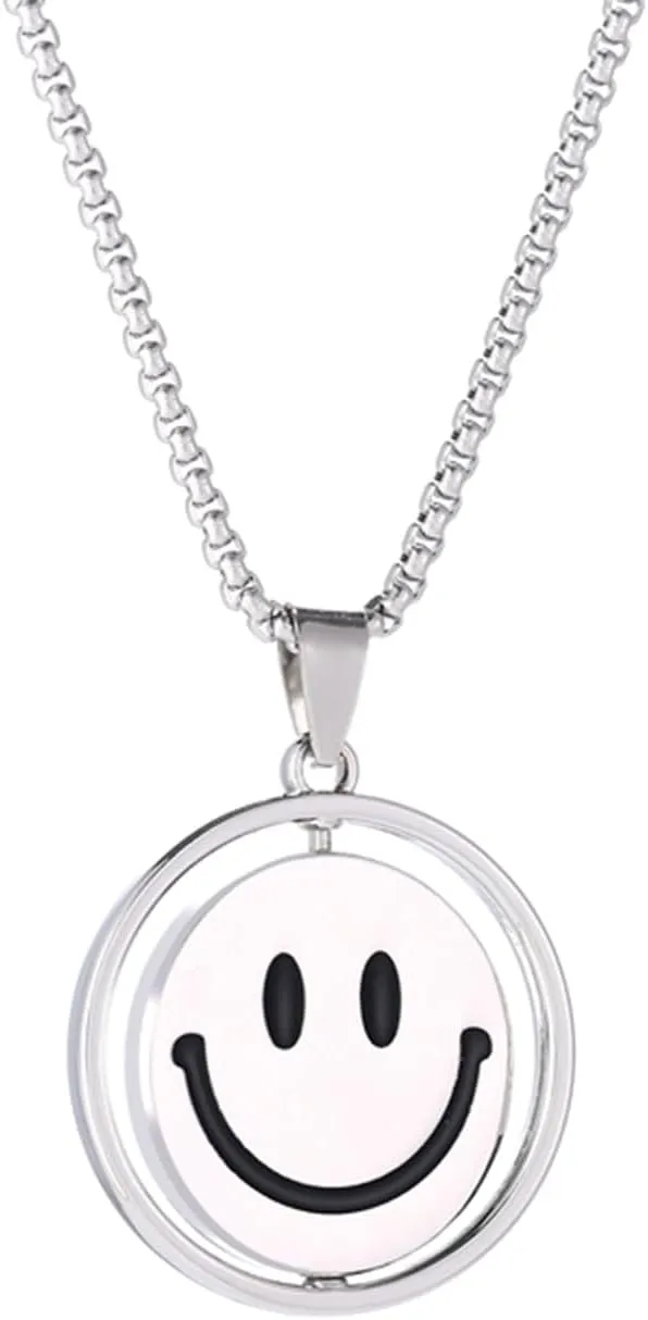 Titanium Steel Spinning Two Sided Smile Face Crying Face Necklace,Sweater Mood Necklace,Men's Women's Fashion, Silver