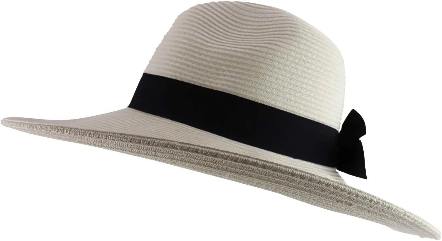 Trendy Apparel Shop Women's Fedora Crown Ribbon Band Wide Brim Sun Hat