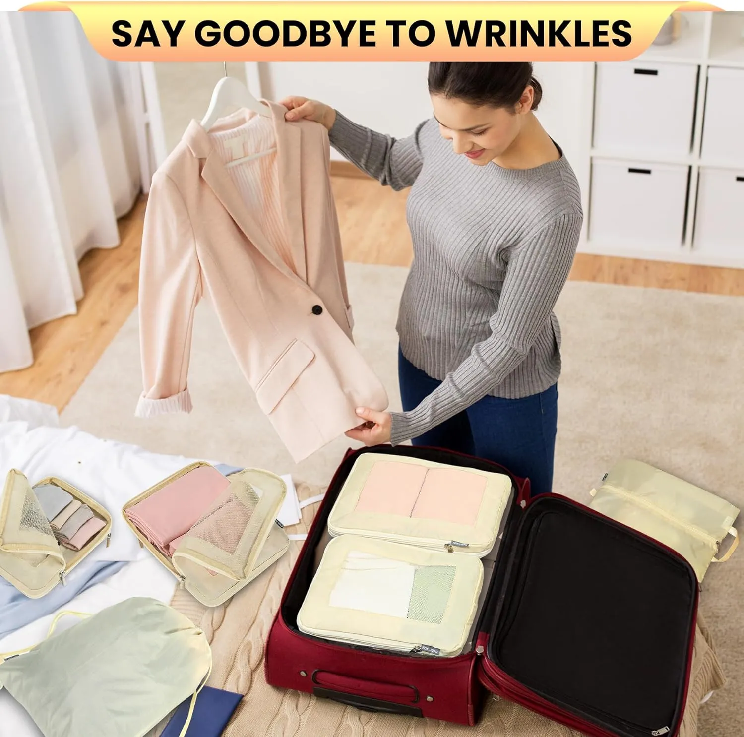 Ultralight Compression Packing Cubes Travel for Suitcases Compressible Mesh Packing Cubes for Travel Women Packing Organizers 4 Set
