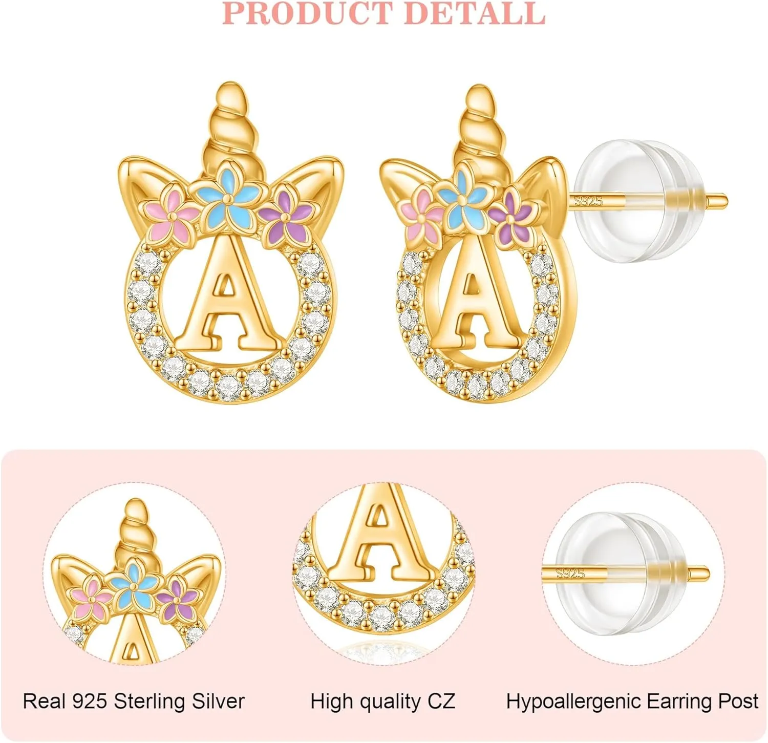 Unicorn Earrings Gifts for Girls Daugher - 925 Sterling Silver Stud Earrings Hypoallergenic Initial Unicorn Earring for Girls Kids Jewelry CZ Birthday Gifts