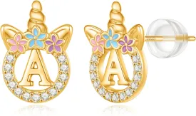 Unicorn Earrings Gifts for Girls Daugher - 925 Sterling Silver Stud Earrings Hypoallergenic Initial Unicorn Earring for Girls Kids Jewelry CZ Birthday Gifts