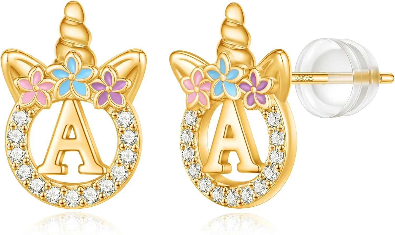 Unicorn Earrings Gifts for Girls Daugher - 925 Sterling Silver Stud Earrings Hypoallergenic Initial Unicorn Earring for Girls Kids Jewelry CZ Birthday Gifts