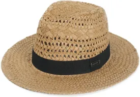 Vented Panama Fedora Sun Hat for Men Women, Black Ribbon and Patterned Weave Accent