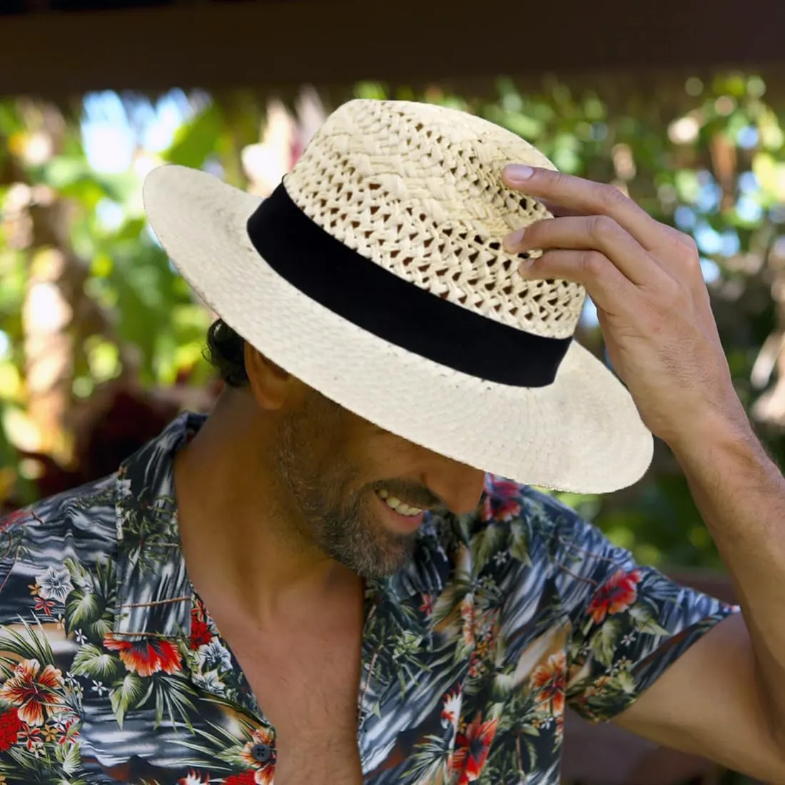 Vented Panama Fedora Sun Hat for Men Women, Black Ribbon and Patterned Weave Accent