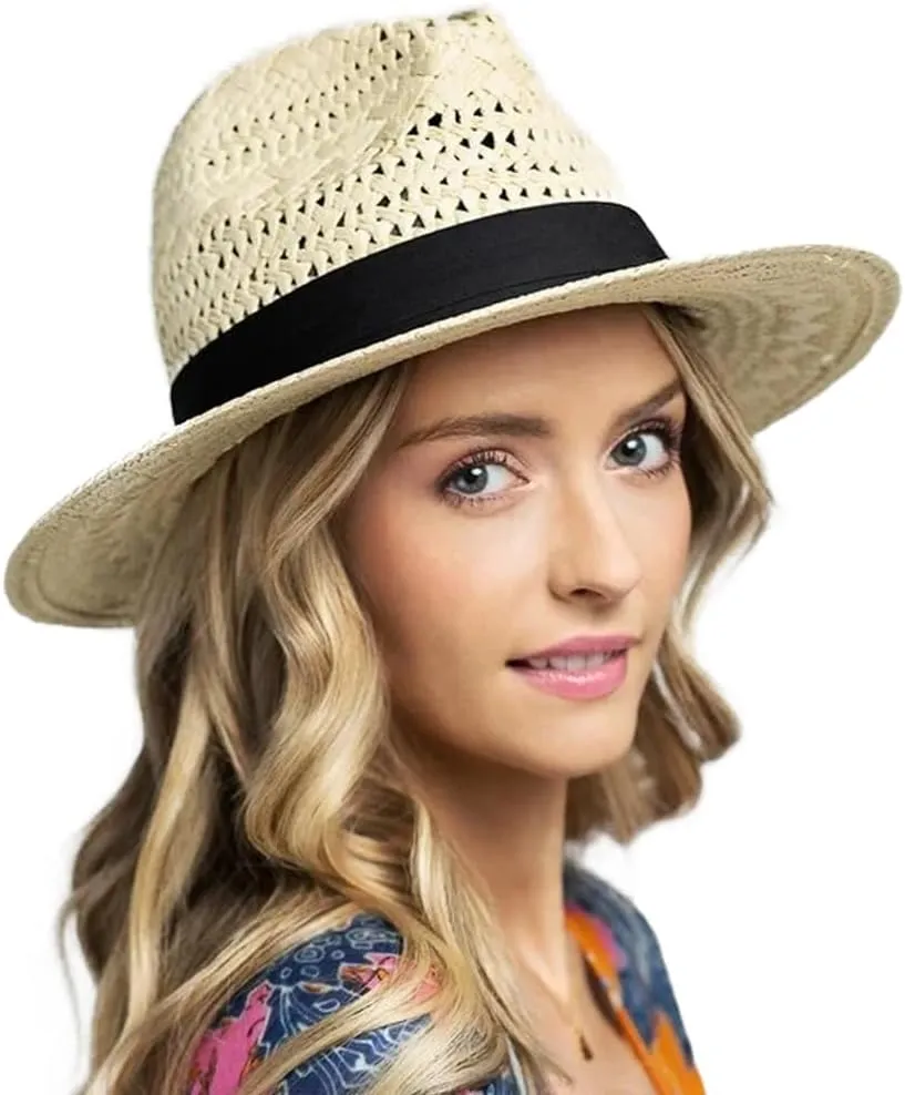 Vented Panama Fedora Sun Hat for Men Women, Black Ribbon and Patterned Weave Accent
